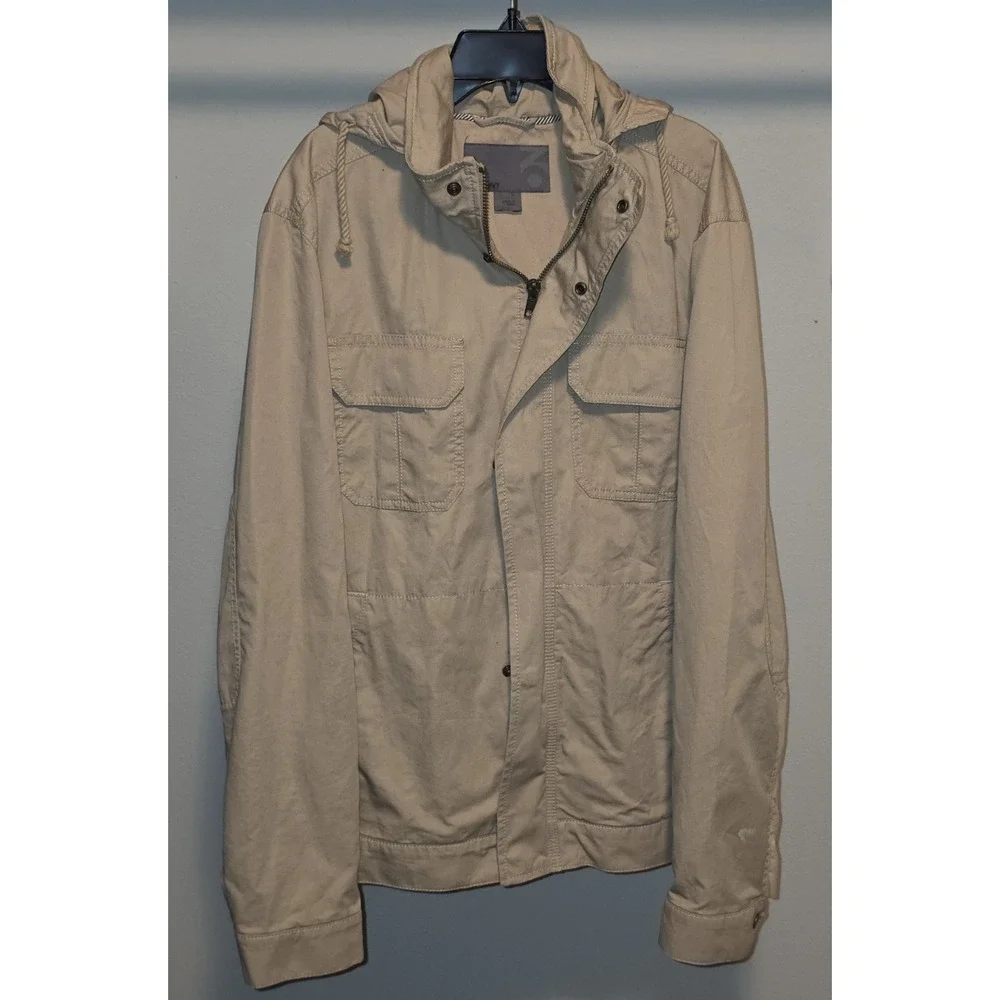 Old Navy Mens Jacket Large Tan Hooded Utility Cargo‎ Pockets Casual Cotton Blend